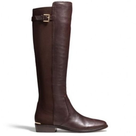 Coach Lilac Tall Boots Brown Leather Fabric Stretch Panel Size 10 Buckle Classy - Picture 1 of 16